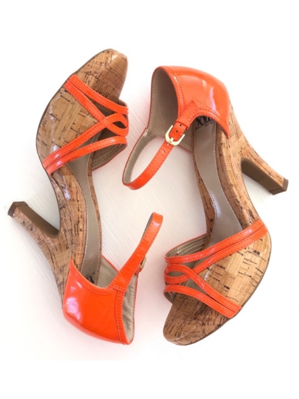 Sofft Valeda Patent Orange Patent & Cork Strappy Platform High Heel Sandals 8.5